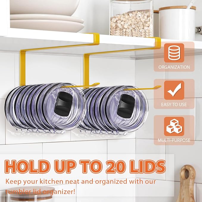 2 Pack Tumbler Lid Organizer, Horizontal Tumbler Lid Storage Hook to Hold Up 20 Lids, Space Saving Cup Lid Holders Under Cabinet Tumbler Lid Hook for Kitchen Organizer, Paper Towel Rack Hanger (Gold)