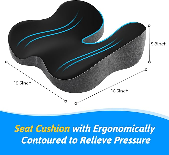 Seat Cushion for Tailbone & Sciatica Pain Relief – Certified & Ergonomist-Designed – Tapered Front Edge Reduces Thigh Pressure – Wide Memory Foam for Office Chair, Car, Wheelchair