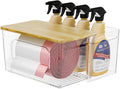 Trash Bag Holder 2-in-1 Under Sink Organizer, Acrylic Trash Bag Dispenser with Bamboo Lid and Pull-Out Basket for Cleaning Supplies, Space Saving Garbage Bag Holder for Kitchen Laundry Room Storage