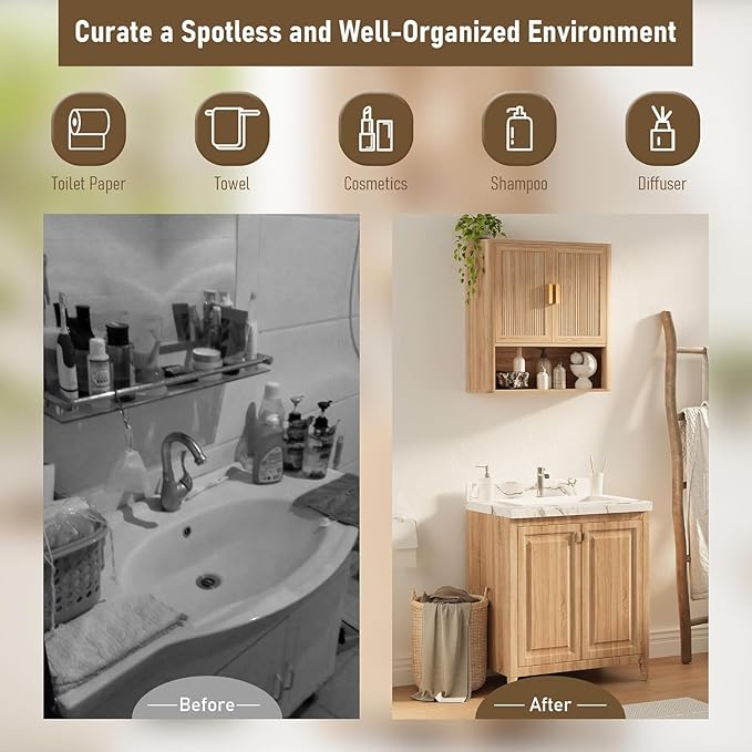 INNOD Bathroom Wall Storage Cabinet, Medicine Cabinet with Adjustable Wood Shelf & Doors, Over the Toilet Storage Cabinet for Laundry Room & Living Room Kitchen Storage Islands (Natural Oak)