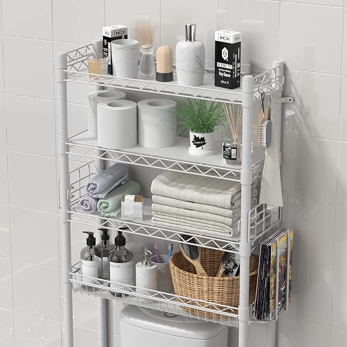 Hodonas Over The Toilet Storage, Adjustable Bathroom Organizer Shelves Space Saver Over Toilet, Sturdy 4 Tier Above Toilet Storage Rack, Freestanding Over-The-Toilet Storage Shelf, White