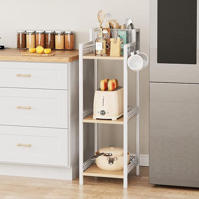 Slim Bathroom Storage Shelf Unit, 3 Tier Corner Storage, Rustic Makeup Organizer, Space-Saving Floor Standing Storage Shelves for Bathroom, Vanity,Kitchen, Laundry 9.85in Matte White
