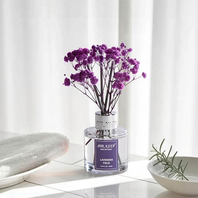 Airkeep Reed Diffuser Set,1.69 fl oz (50 ml) - Lavender Field Oil Diffusers with 8 Reed Sticks,Home Fragrance Reed Diffuser for Bathroom Shelf Decor