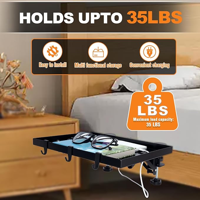 Bunk Bed Shelf, Dorm Bed Shelf, Foldable Bedside Shelfs, Bedshelfie, Heavy Duty Metal Floating Nightstand Beds Tray Table Tray Organizer Tray with 3 Cord Hole(Black)