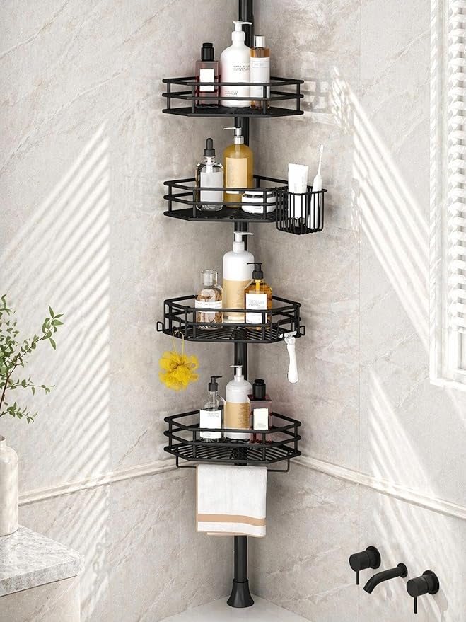 SEIRIONE Corner Shower Caddy Tension Pole, Quick Setup, Rust-Free Bathroom Shower Organizer Corner for Bathtub Shampoo Storage, 4-Tier Adjustable Shelf, Drill Free, Fits 34 to 116 Inch Height, Black