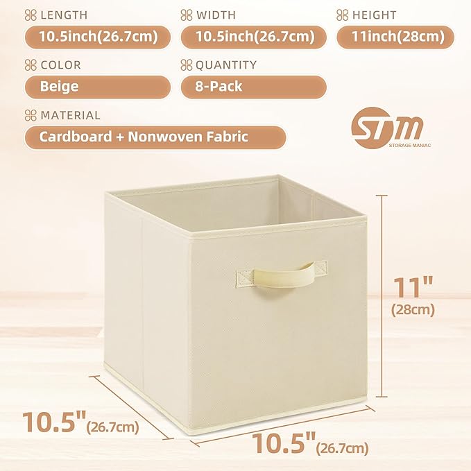 STORAGE MANIAC Storage Cubes, 11 Inch Collapsible Storage Bins with Handles, 8 Pack Fabric Foldable Bins for Organization, Durable Storage Bins for Closet, Shelves, Offices, 8-Pack Beige