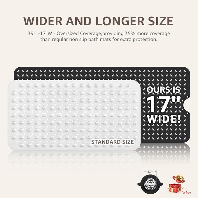 OTHWAY Bath Mat for Tub Non Slip: 39" X 17" Long Bathtub Mat with Hair Catcher│Big Drain Holes Shower Mats for Inside Shower│Machine Washable (Black)