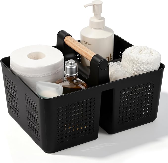 JiatuA Shower Caddy Basket Portable Caddy Organizer with Handle Cleaning Supplies Caddy Plastic Tool Storage for Bathroom Kitchen College Dorm Bedroom, Black