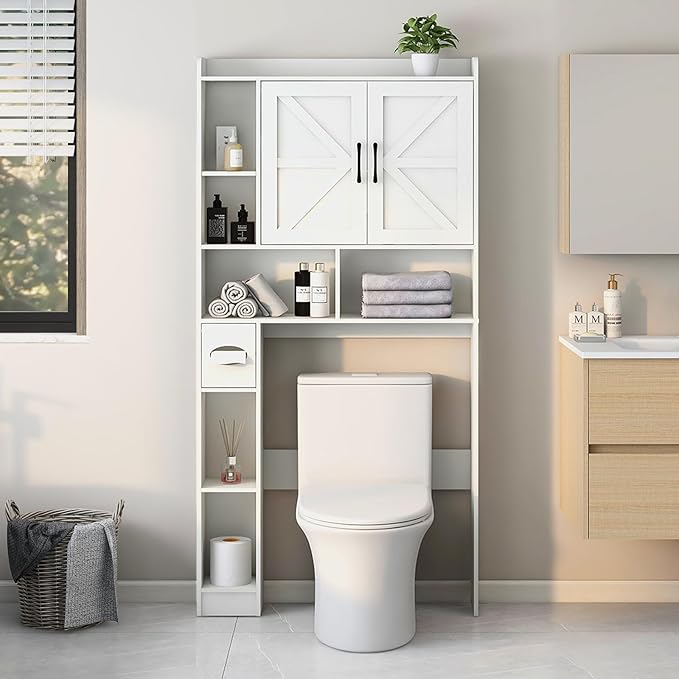 Vabches Over The Toilet Storage Cabinet, Farmhouse Storage Cabinet Over Toilet with 2 Barn Door & Toilet Paper Holder Stand，Home Space-Saving Toilet Rack, for Bathroom, Restroom, Laundry