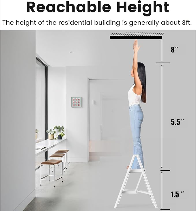 SOLADDER Step Stool, 2 Step Ladder with Anti-Slip and Wide Pedal, Portable Iron Foldable Stepladder for Home and Kitchen, 300lbs - White