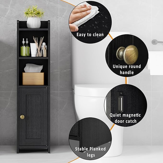 Lomojo Small Bathroom Storage Cabinet, Toilet CabinetFreestanding Bathroom Organizer for Small Spaces, Narrow Toilet Paper Corner Floor with Door and Shelves,Black