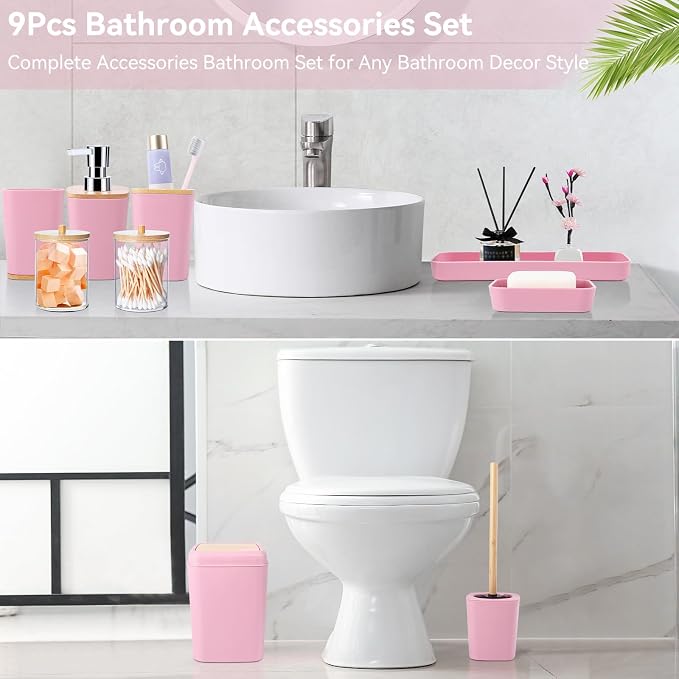 Bathroom Accessories Set, 9 Piece Pink Bathroom Decor Sets with Trash Can,Toothbrush Holder,Toothbrush Cup,Lotion Soap Dispenser,Vanity Tray,Soap Dish,Toilet Brush,Qtip Holder