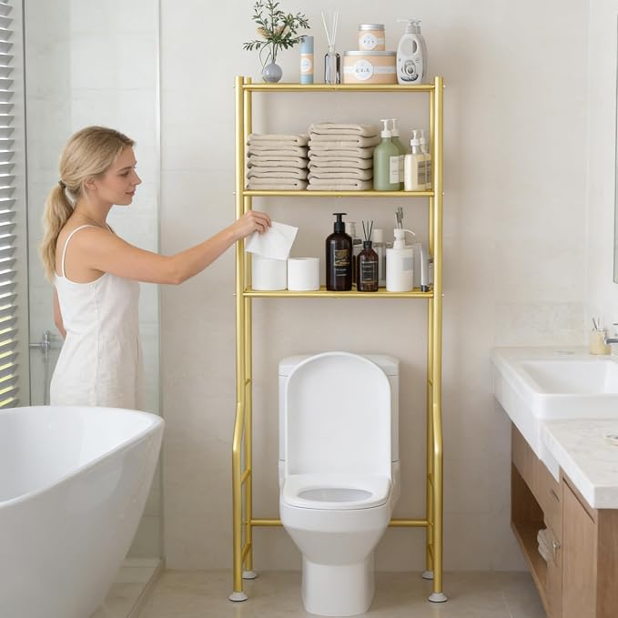 Livilord 3-Tier Over The Toilet Storage Rack, Space Saver Metal Bathroom Shelves, Freestanding Over Toilet Bathroom Organizer for Bathroom/Living Room (Gold)