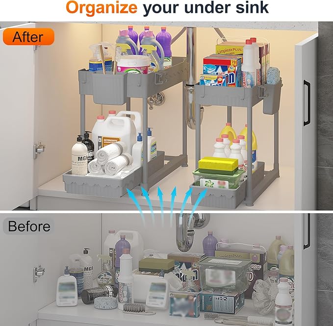 Sevenblue Under Sink Organizer, Bathroom Organizers and Storage, 2 Tier Multi-Use Pull Out Cabinet Organizer with Hang Hooks and Cups (Gray, 4 Pack)