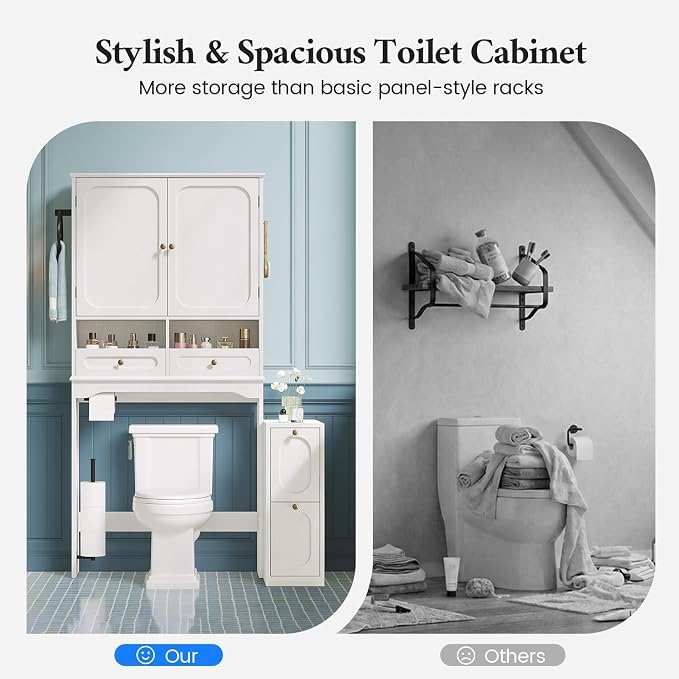 Over the Toilet Storage Cabinet with Mobile Bathroom Storage Cabinet & 3 Adjustable Shelves, Bathroom Storage Cabinet Over Toilet with 4 Section Drawers for Bathroom and Laundry Room, White