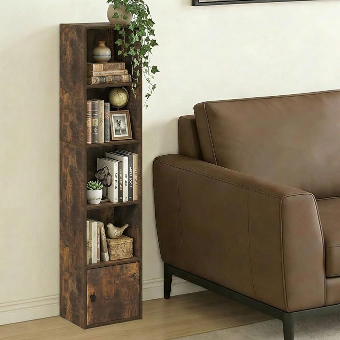 Furinno LUDER Book Shelf, 5-Tier Bookshelf with Open Shelf, Standing Bookcase with 1 Door Cabinet, 9.3 x 12 x 52, for Organization and Storage, for Living Room, Bedroom, Home Office, Amber Pine