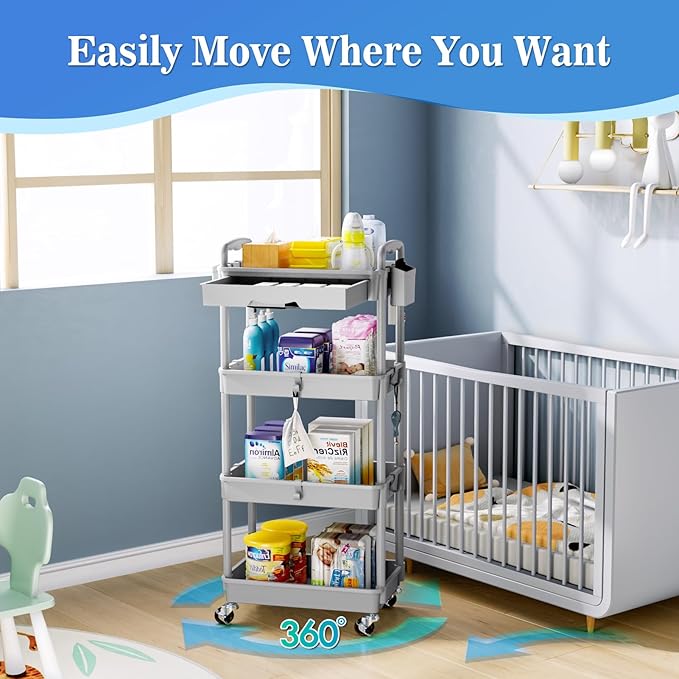 SUNALLY 4 Tier Rolling Utility Cart with Drawer, Storage Organizer Cart with 2 Lockable Wheels, Multifunctional Rolling Storage Cart for Bathroom, Kitchen, Craft, Makeup, Baby Essentials, Gray