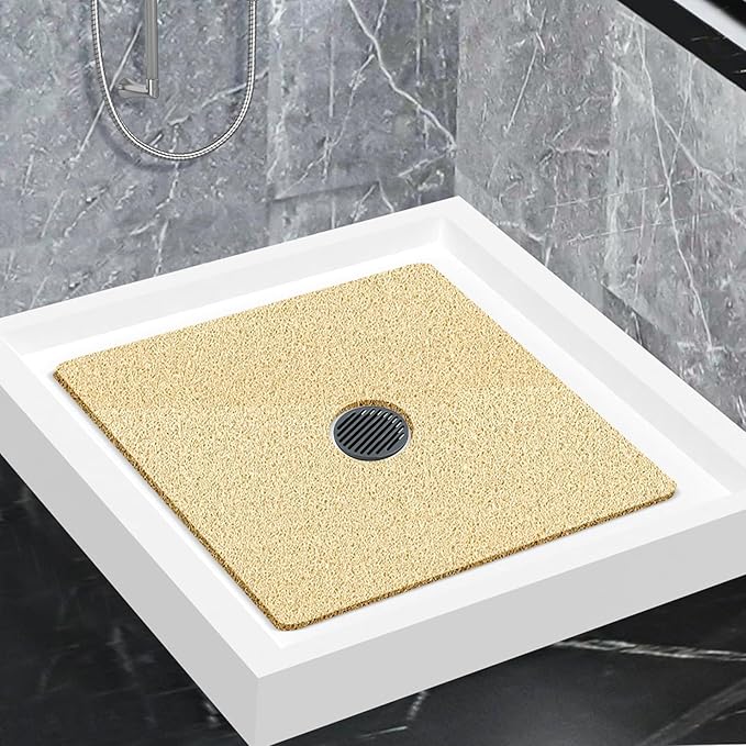 Shower Mat Non Slip,Soft Bath Mat with Drain,Quick Drying PVC Loofah Bathtub Mat for Bathroom,Without Suction Cups,24 x 24 Inch (Beige Yellow)