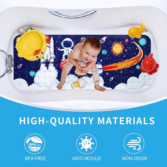 Baby Bath Mat for Tub Non Slip Kids Bathtub Mat Extra Long 40X16 Inch Toddler Bath Tub Shower Mat Anti Slip with Suction Cups & Drain Holes, Machine Washable (Space)