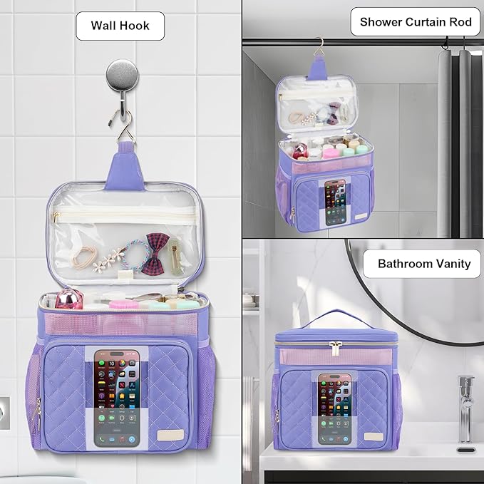 Portable Shower Caddy College Dorm Essentials (Full Size Bottle Compatible), Toiletry Bag for Women Men, Hanging Makeup Organizer Bag for Travel,Gym & Camping,Purple