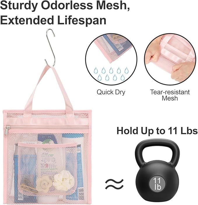 F-color Mesh Shower Caddy Portable Hanging - 3 Pockets Small Shower Bag Tote with Zipper Closure for Camping, Gym Lockers, Travel, Toiletry, Quick Dry Bathroom Essentials with S Hook, Pink