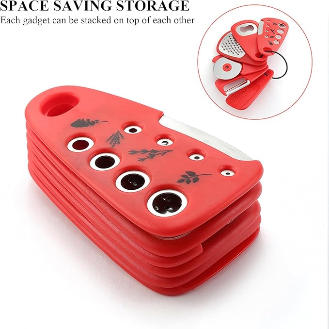 Kitchen Gadgets Set 6 Pieces, Space Saving Cooking Tools Kitchen Accessories-Garlic Grinder, Cheese Grater, Vegetable Peeler, Pizza Cutter, Herb Stripper, Bottle Opener, Gadgets Gift Set (Red)
