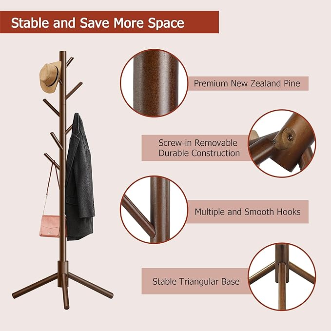 Coat Rack, Coat Racks Freestanding with 8 Hooks 3 Adjustable Heights for Clothes, Hats, Handbags, Coat Tree Easy Assembly for Entryway, Bedroom, Hallway, Office(Brown)