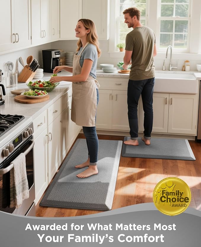 Ophanie Kitchen Mats for Floor, 3/4 inch Thick, 17x28 Anti Fatigue Cushioned Mat, Kitchen Rugs, Waterproof, Comfort Ergonomic Standing Mat for Office, Home, Sink, Grey Non-Slip Ridged Bottom