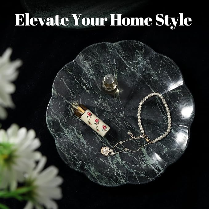 Koville Marble Tray, 8" Round Marble Vanity Tray for Jewelry Trinket Perfume, Natural Stone Tray for Bathroom Kitchen Dresser Countertop, Scalloped Decorative Tray for Home Table Decor(Green)