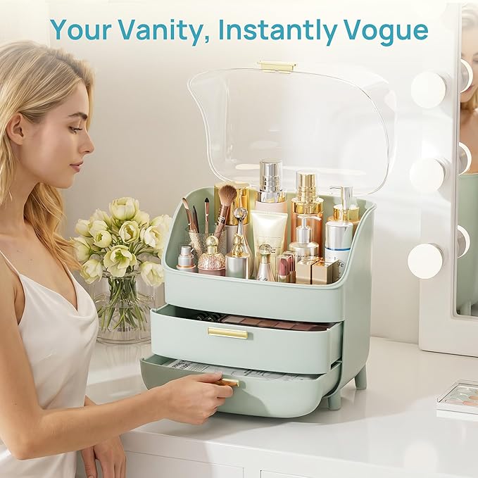 Vtopmart 3-Tier Skincare Makeup Organizer with Drawers and Lid for Vanity and Bathroom Countertop, Large Cosmetic Storage Box Case for Dresser, with Non-Slip Base, Green