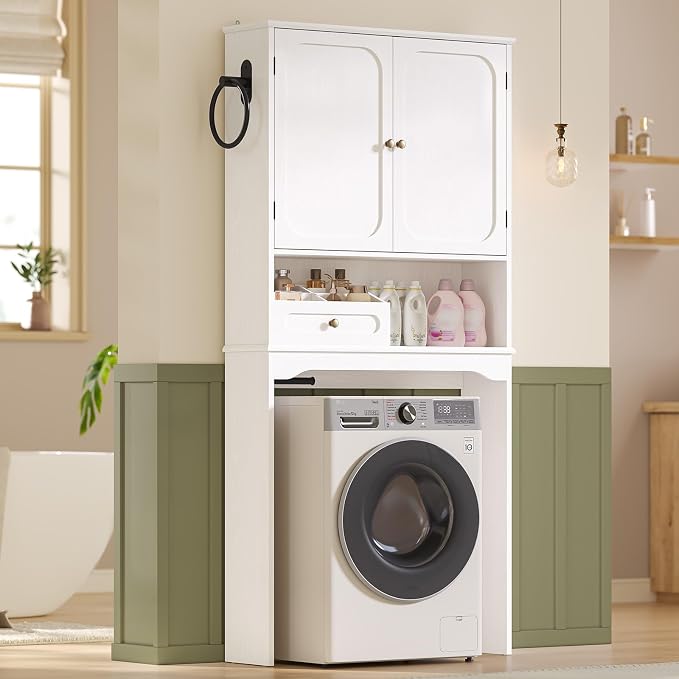 Over The Toilet Storage Cabinet with Adjustable Shelves & 2 Doors, Bathroom Storage Cabinet with One 4-Section Drawer, Towel Holder & Toilet Paper Holder for Bathroom, Laundry Room