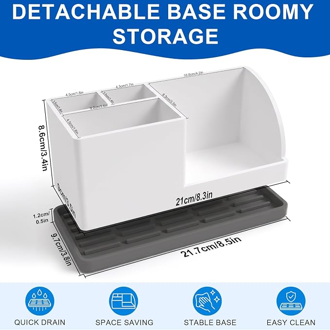 Bathroom Toothbrush Holders, 4 Slots Silicone Counter Organizer Storage with White-Grey, Detachable Anti-Slip Vanity Organizer for Electric Toothbrush, Toothpaste & Phone