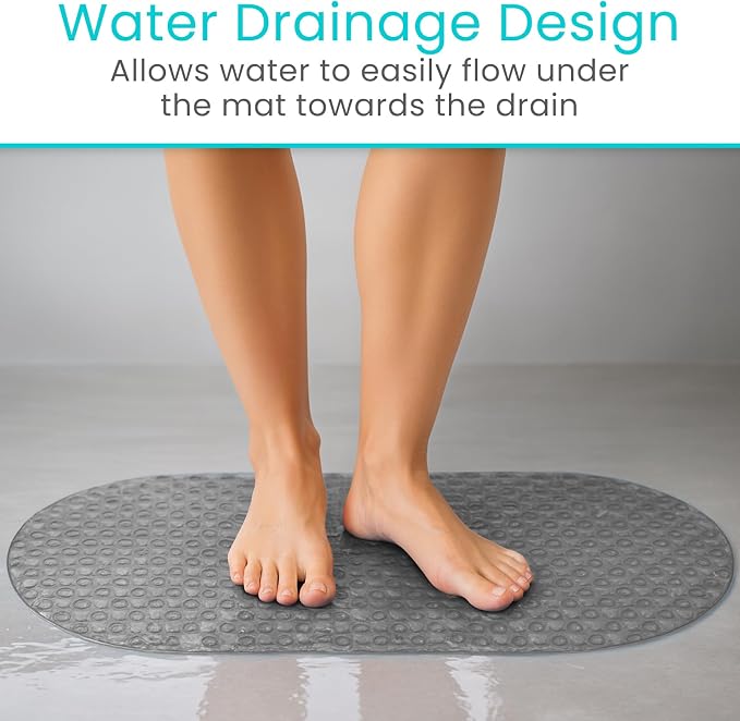 Vive Oval Bathtub Mat - Nonslip Shower Floor Pad - Non-Slip and Non-Skid for Bath Tub with Strong Rubber Suction Cup Grip - for Baby, Elderly, Kids, Bathroom (Gray)