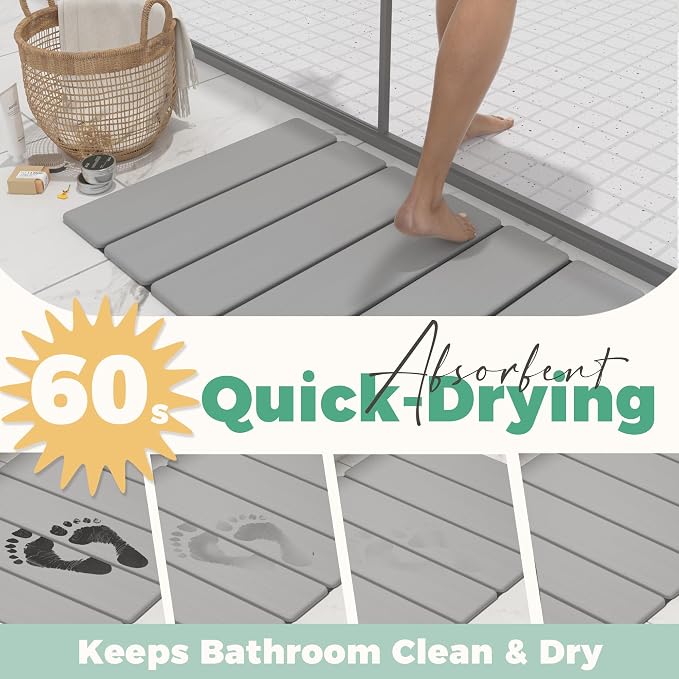SYIPO Stone Bath Mat - Non-Slip Foldable Diatomite Bath Mat 23.6 x 15.3”, Super Absorbent & Quick Drying Bathroom Mat | Easy to Clean Shower Floor Mat, Light Gray