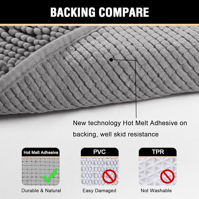 H.VERSAILTEX Chenille Bath Mat Thick Soft Absorbent for Bathroom, Microfiber Dries Quickly, Shaggy Washable Plush Durable Rug, Bathtub and Shower Floor, 24x17, Grey
