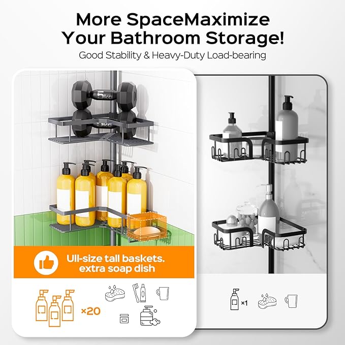 HAMITOR Corner Shower Caddy Tension Pole: 4-Tier Rustproof Bathroom Shampoo Organizer Shelf with Soap Holder - No-Drill Adjustable Standing Tension Pole Rack for Family - 47-123 Inch Gray