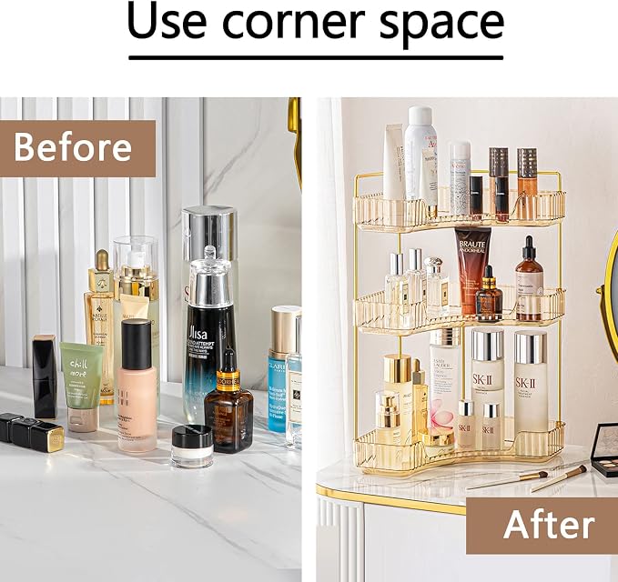shuang qing 3-Tier Corner Bathroom Counter Organizer – Classic Storage Shelf for Makeup, Perfume & Toiletries, Space-Saving Countertop Tray Fits Bathroom, Dresser, Kitchen (Vintage Gold)