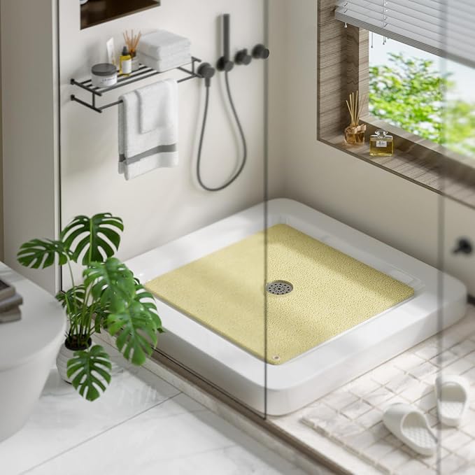 HITSLAM Square Shower Mat, 32 x 32 Inch Non Slip Bath Mat for Tub, Soft PVC Loofah Bathtub Mats with Drain Holes, Quick Drying Bathroom Stall Floor Mat, Bathroom Accessories Without Suction Cup, Beige