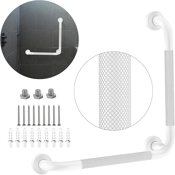 Angled Grab Bar - 16x16 Inch Stainless Steel Knurled Toilet Handles Wall Mounted Bathroom Handicap Safety Rails for Elderly Injured Balance Support, L-Shaped White Grab Bar for Shower