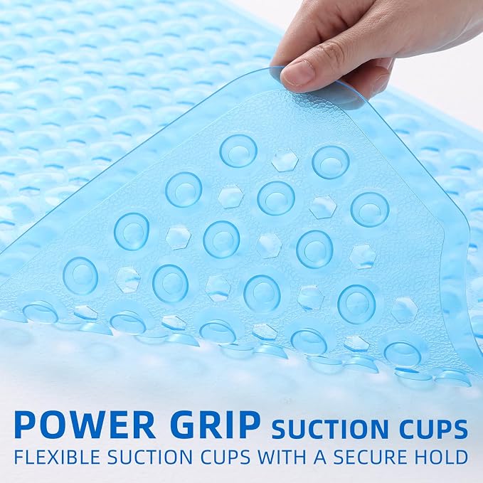 MOONFLY Shower and Bathtub Mat,40x16 Inches,Extra Long Non Slip Mats with Suction Cups and Drain Holes, Machine Washable and Anti Slip Bathmats, Bathroom Mats for Tub Nonslip (Clear Blue)