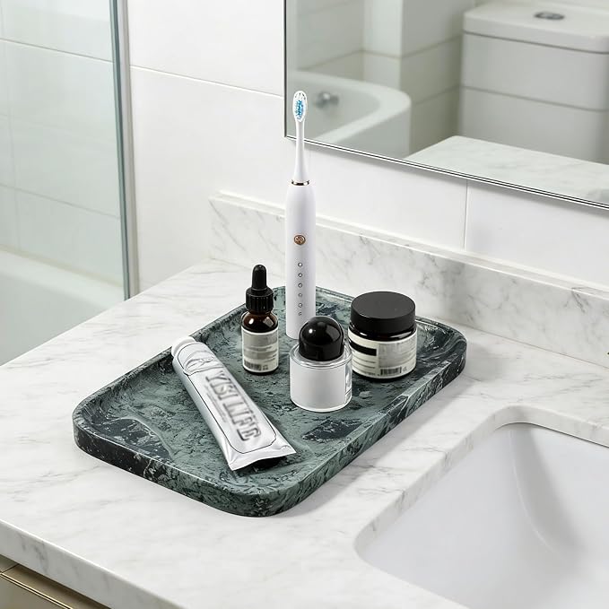 Koville Marble Tray, 12"x8" Marble Vanity Tray for Countertop Bathroom Kitchen Dresser, Decorative Catchall Trays for Perfume Jewelry, Rectangular Stone Serving Tray(Green)