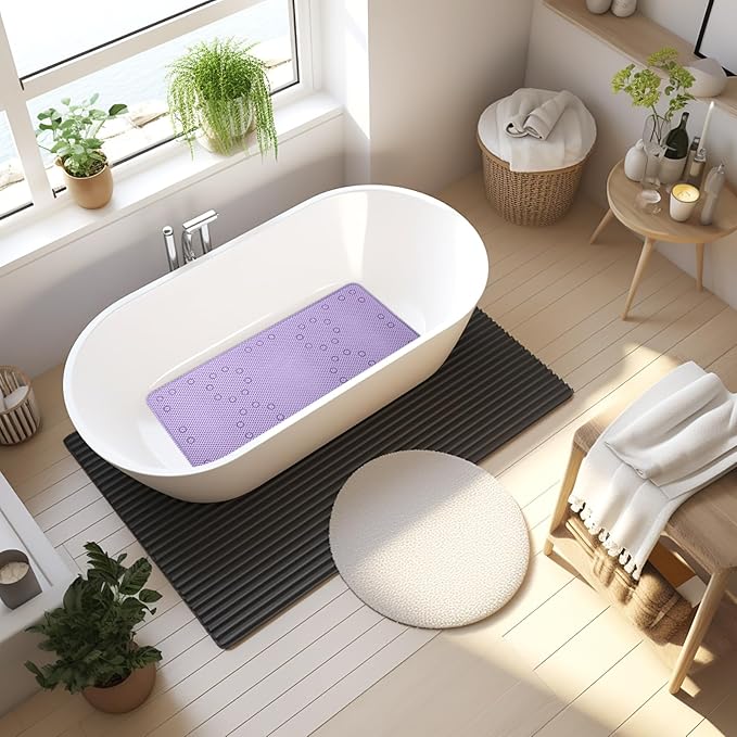 Bathtub Mat Non Slip 36” X 17” Purple Shower Mat Soft Foam Bath Mats for Bathroom Tub, Bathtub Mat with Drain Holes, Suction Cups, Shower Mat Non Slip