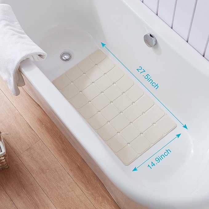 Yanzifly Non-Slip Silicone Bathtub Mat – Foldable, Machine Washable, Durable & Eco-Friendly Bath & Shower Mat with Strong Suction Cups, Large Drain Holes, Ideal for Family Use, 14.9 x 27.5in, Beige