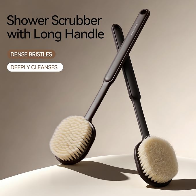Back Scrubber for Shower for Men Women, Body Brush with Long Handle, Exfoliating Bath Washer with Soft Bristles for Wet or Dry Brushing, Back Scrub Deep Cleaning, Coffee Ground Infused