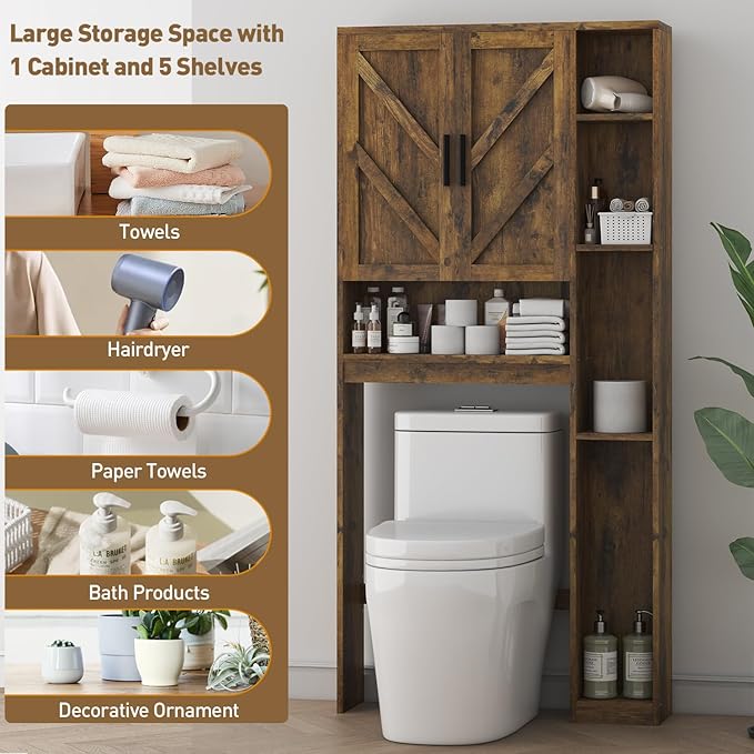 Over The Toilet Storage Cabinet with 7 Storage Shelves, Above Toilet Bathroom Organizer with Toilet Paper Holder Stand, Behind Toilet Cabinet, Space Saver for Restroom, Bathroom, Laundry, Brown
