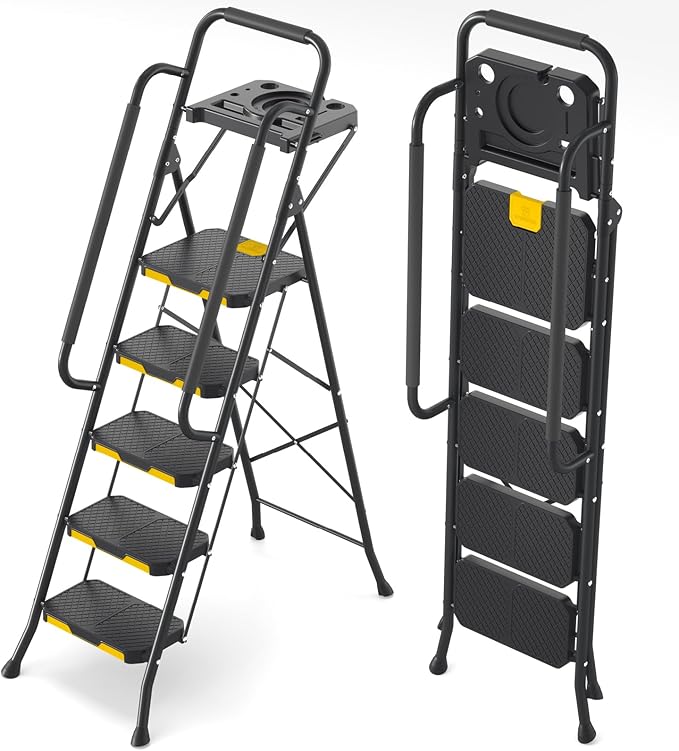 KINGRACK 5 Step Ladder, Sturdy Steel Step Stool with Anti-Slip Wide Pedals, Handrail, Safe-Lock Design, 800lbs Folding Portable Ladder for Multi-Purpose, Home, Kitchen