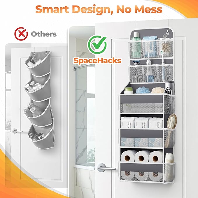 SpaceHacks 5-Tier Over the Door Organizer with Mesh Pockets, Baby Nursery Storage for Closet, Bathroom and Bedroom, Adjustable Hanging Closet Organizer for Cosmetics, Books and Essentials (Dark Grey)