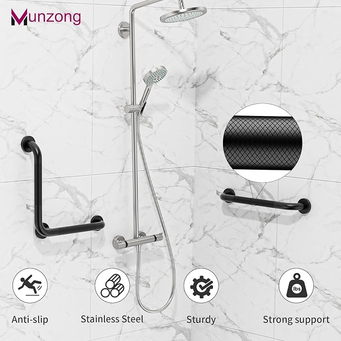 16 Inch L-Shaped Black Bathroom Grab Bars with 20 Inch Straight Munzong Toilet Handicap Grab Rail,Anti Slip Stainless Steel Knurled Safety Handle Support Elderly Injury Senior