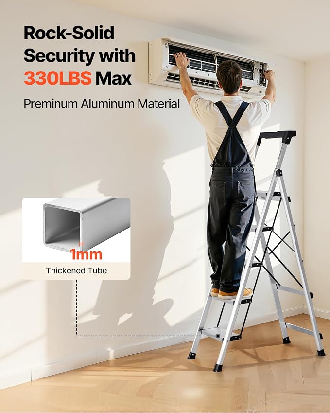 VEVOR 5 Step Ladder, Folding Step Stool with Wide Anti-Slip Pedal and Comfort Handgrip, 330 lbs Capacity Portable Aluminum Stepladder, Multi-Use for Kitchen, Warehouse, Household and Office, Silver