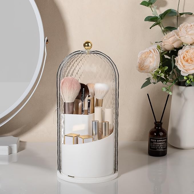 Toothbrush Holder with Cover for Bathroom Countertop, Rotating Organizer for Electric Tooth Brush and Toothpaste, 3-Slot Makeup Brush Storage, Self-Draining Vanity Counter Organizer White